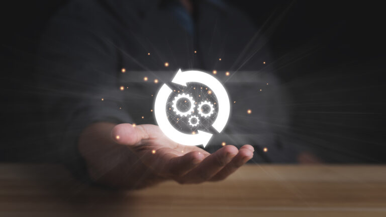 Businessman hand with Update software application and hardware u